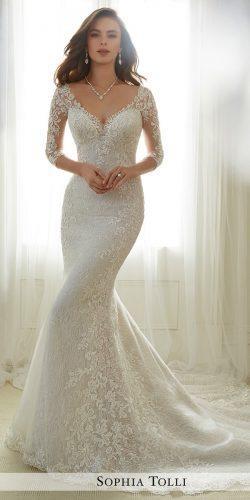 sequin lace tulle trumpet wedding gown features illusion and lace three quarter length sleeves plunging V neckline by sophia tolli