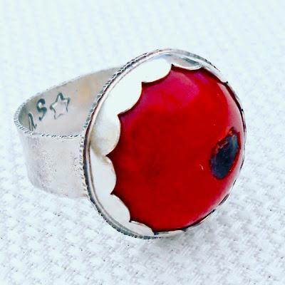 Red Coral Cabochon Sterling Silver Ring Red coral cabocho...