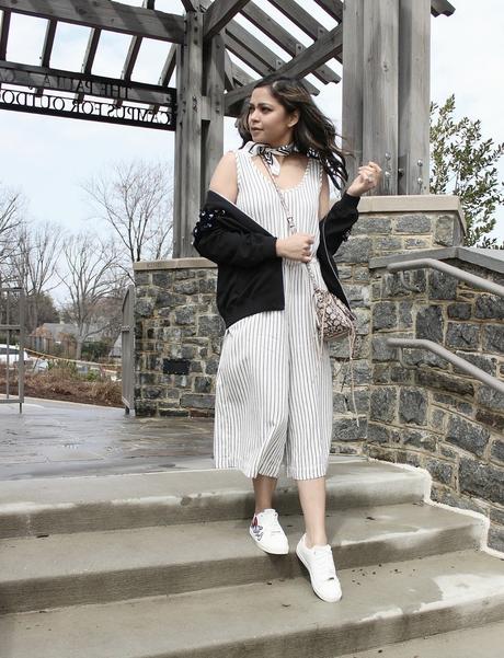 how to wear stripe romper, gap romper, black and white romper, casual, street style, bomber jacket outfit, aldo embroidered sneakers, spring fashion, ootd, saumya shiohare, myriad musings 