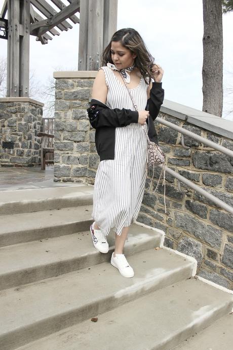 how to wear stripe romper, gap romper, black and white romper, casual, street style, bomber jacket outfit, aldo embroidered sneakers, spring fashion, ootd, saumya shiohare, myriad musings 