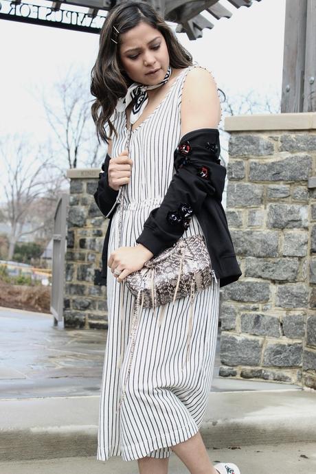 how to wear stripe romper, gap romper, black and white romper, casual, street style, bomber jacket outfit, aldo embroidered sneakers, spring fashion, ootd, saumya shiohare, myriad musings 