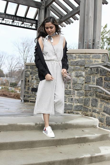 how to wear stripe romper, gap romper, black and white romper, casual, street style, bomber jacket outfit, aldo embroidered sneakers, spring fashion, ootd, saumya shiohare, myriad musings 