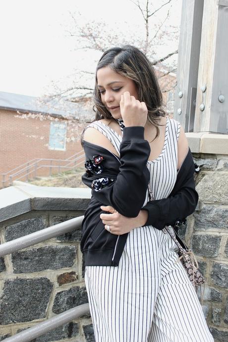 how to wear stripe romper, gap romper, black and white romper, casual, street style, bomber jacket outfit, aldo embroidered sneakers, spring fashion, ootd, saumya shiohare, myriad musings 