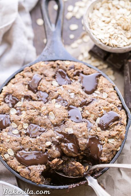 This Oatmeal Chocolate Chip Skillet Cookie is the ultimate thick, gooey oatmeal cookie! This gluten-free and vegan dessert is loaded with gooey chocolate. This one is sure to satisfy your chocolate cravings!