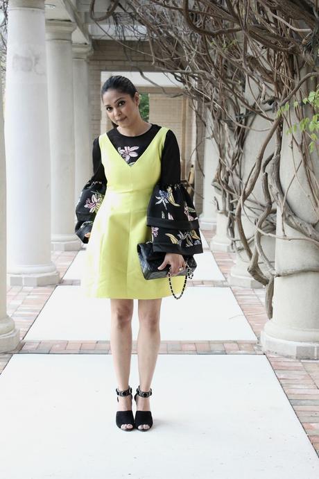 how to layer dress over top, bell sleeves printed blouse, chartreuse kate spade silk dress, kat maconie sandals, patrizia luca milano top, party outfit, fashion show, myriad musings, ootd, street style, saumya shiohare 