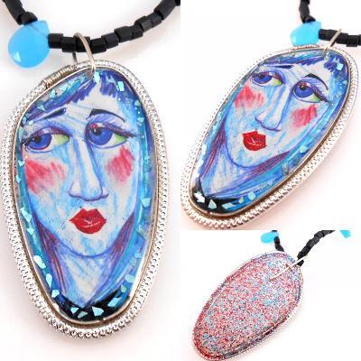 Blue Girl Face in Resin with Aluminum Wire and Beads Neck...