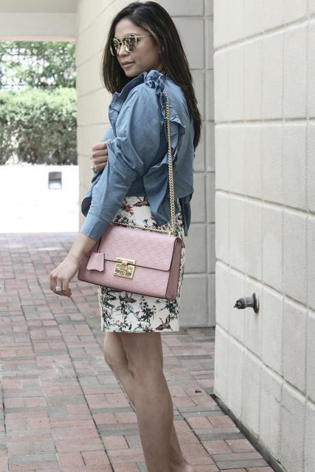 wearing hush puppies mules, ruffled blouse, mini skirt, print om print, print mixing, street atyle, fashionblogger, dc blogger, myriad musings, saumya shiohare , indian