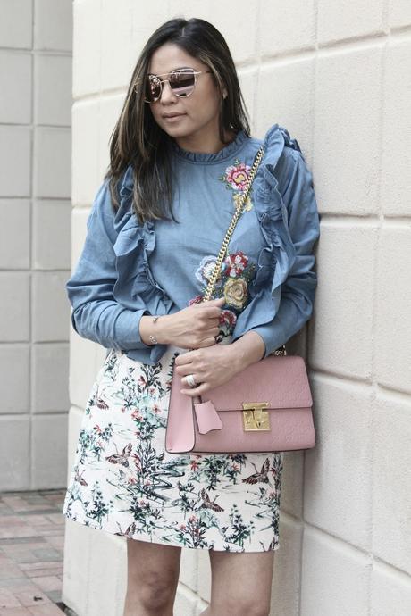 wearing hush puppies mules, ruffled blouse, mini skirt, print om print, print mixing, street atyle, fashionblogger, dc blogger, myriad musings, saumya shiohare , indian