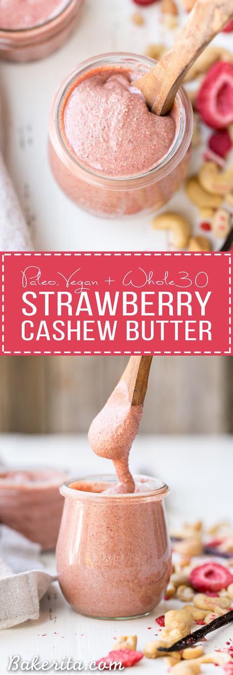 If you're a homemade nut butter fan, you must try this irresistible Strawberry Cashew Butter! Flavored with freeze dried strawberries and vanilla bean, this Paleo, vegan, sugar free + Whole30-friendly treat will be a new favorite.