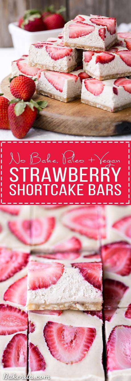 No-Bake Strawberry Shortcake Bars are incredibly creamy from the cashew base and taste just like strawberry shortcake! No baking necessary to make these gluten-free, Paleo, and vegan bars.