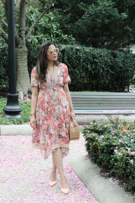 wearing a floral handkerchief hem, anthropologie dress, street style, floral, spring style.fashion blogger, myriad musings, ootd, saumya, outfit, orange dress, orange pumps 