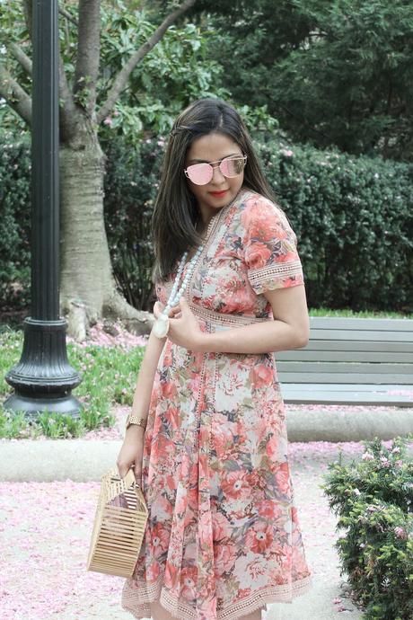 wearing a floral handkerchief hem, anthropologie dress, street style, floral, spring style.fashion blogger, myriad musings, ootd, saumya, outfit, orange dress, orange pumps 