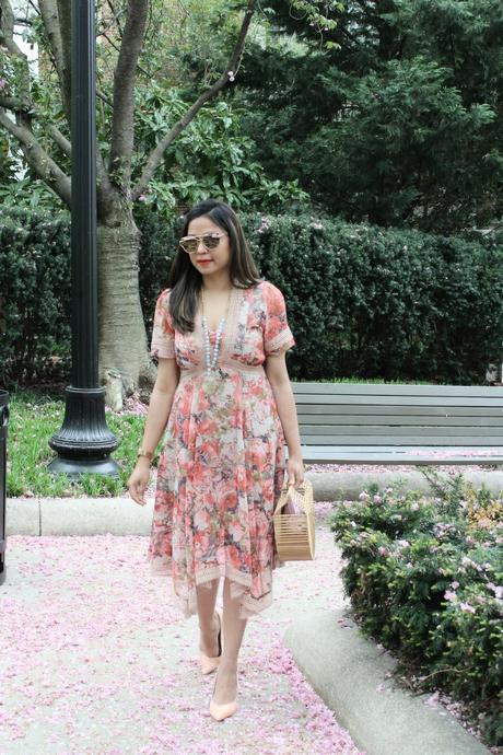 wearing a floral handkerchief hem, anthropologie dress, street style, floral, spring style.fashion blogger, myriad musings, ootd, saumya, outfit, orange dress, orange pumps 