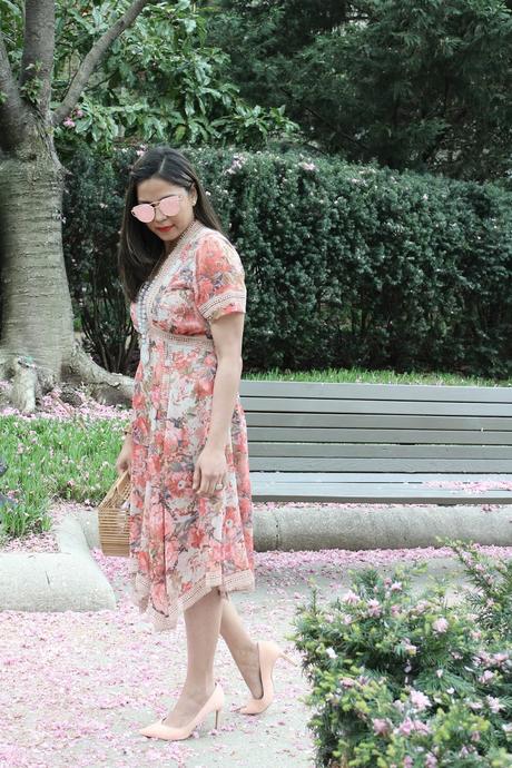 wearing a floral handkerchief hem, anthropologie dress, street style, floral, spring style.fashion blogger, myriad musings, ootd, saumya, outfit, orange dress, orange pumps 