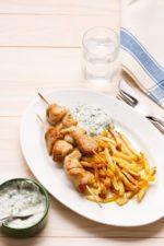 Chicken Skewers with Root Celery Fries and Spinach Dip