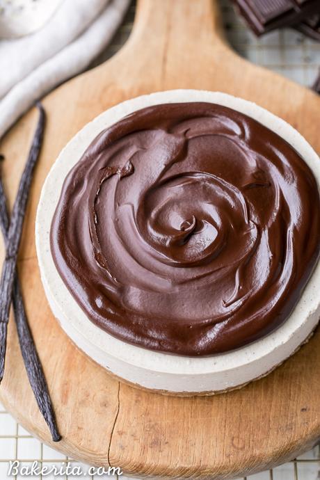 This No-Bake Vanilla Bean Cheesecake with Chocolate Ganache is a gluten-free, Paleo and vegan cheesecake made with a walnut crust, a creamy cashew cheesecake filling, topped with a luscious chocolate ganache. This healthier cheesecake alternative will satisfy your cheesecake cravings!