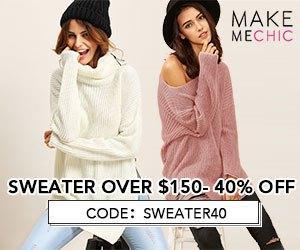 Sweater Sale! Save 40% on Sweater purchases over $150 with couponcode SWEATER40 at MakeMeChic.com. Sale ends October 6th