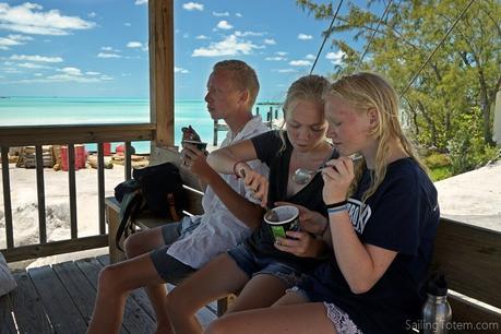 Celebrating Siobhan's birthday in Staniel Cay this week, with ice cream at the dock