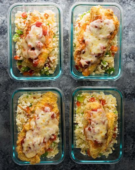 Mexican chicken and cauliflower rice meal prep bowls make for a tasty, low carb work lunch that can be prepped on the weekend. Topped with jalapeño monterey jack cheese for a little kick!