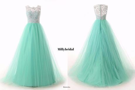  Scoop Neck Green Lace Tulle Ruffles Sweep Train Discounted Prom Dresses 