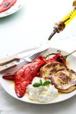 Fried Cheese with Roasted Peppers and Cucumber Salad