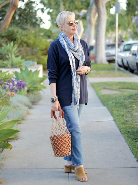 jeans outfit with navy tunic and Italian scarf