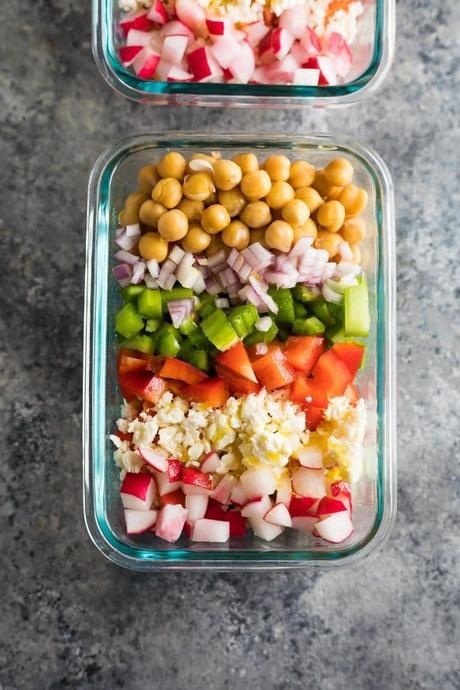 This meal prep chopped chickpea salad can be made on the weekend and enjoyed throughout the week!  Store them in meal prep containers, or as jar salads.