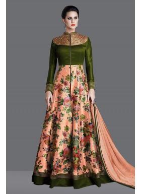 Green & Peach Colour Banglori Silk & Net With Embroidery & Print Work Semi-Stitched Anarkali Suit