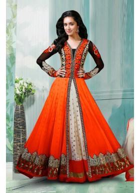 Orange Semi Stitched Georgette, Net Anarkali Salwar Suit
