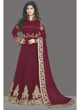 New Pari Maroon Banglori Silk Heavy Embroidered Designer Gown Suit