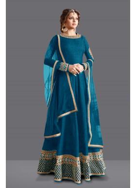 New Designer Aqua Blue Colour Bhagalpuri With Embroidery & Lace Work Anarkali Suit