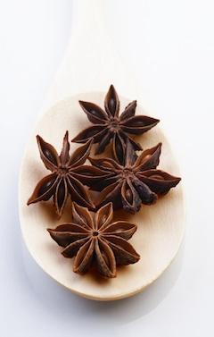 Close up of anise on wooden spoon