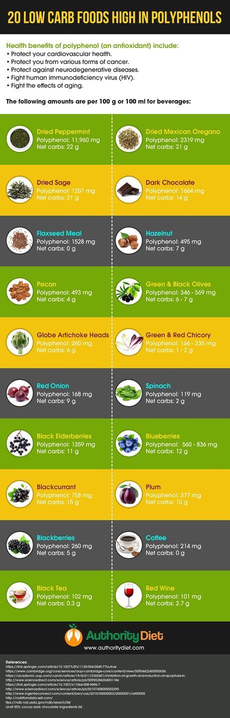 20 low-carb high polyphenol foods infographic