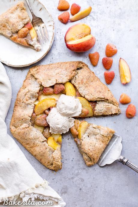 This Peach Raspberry Galette highlights two of summer's best fruits. The fresh peaches and raspberries are tucked into the flakiest paleo and vegan pie crust I've ever had!