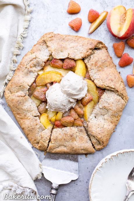 This Peach Raspberry Galette highlights two of summer's best fruits. The fresh peaches and raspberries are tucked into the flakiest paleo and vegan pie crust I've ever had!