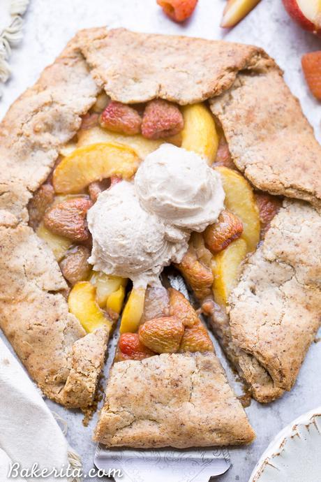 This Peach Raspberry Galette highlights two of summer's best fruits. The fresh peaches and raspberries are tucked into the flakiest paleo and vegan pie crust I've ever had!