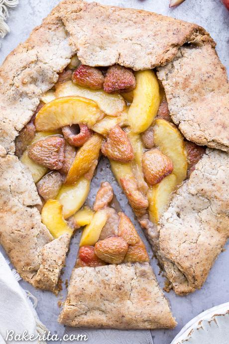 This Peach Raspberry Galette highlights two of summer's best fruits. The fresh peaches and raspberries are tucked into the flakiest paleo and vegan pie crust I've ever had!