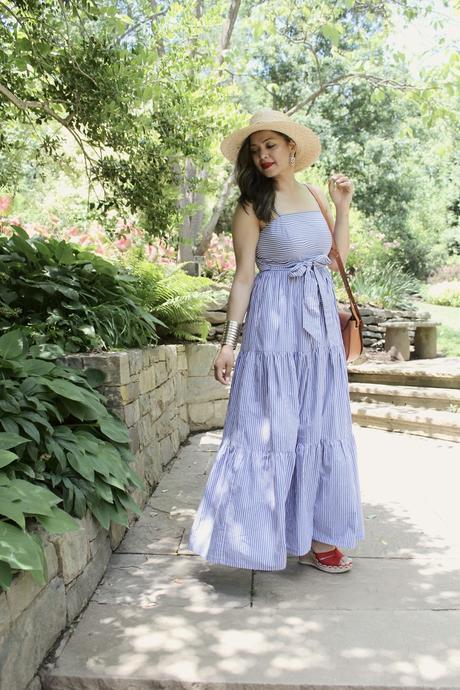 how to wear red, white & blue, maxi stripe dress, J crew maxi dress, red wedges, 4th july outfit, sailor hat, straw hat, street style, fashion blogger, style, ootd, saumya, summer style