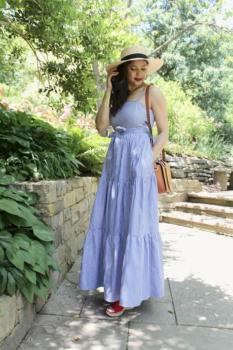 how to wear red, white & blue, maxi stripe dress, J crew maxi dress, red wedges, 4th july outfit, sailor hat, straw hat, street style, fashion blogger, style, ootd, saumya, summer style