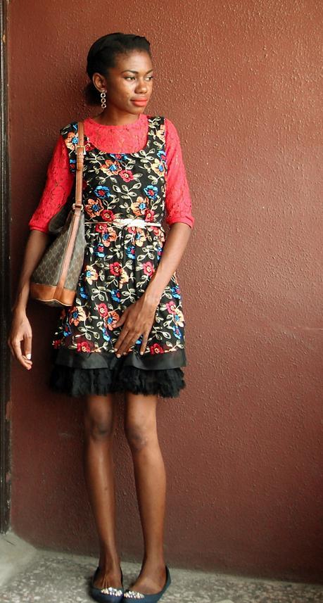 red lace dress layered underneath black lace dress