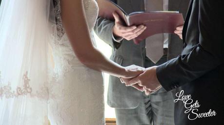 bride and groom holding hands during their wedding ceremony at armathwaite hall caught on the wedding video