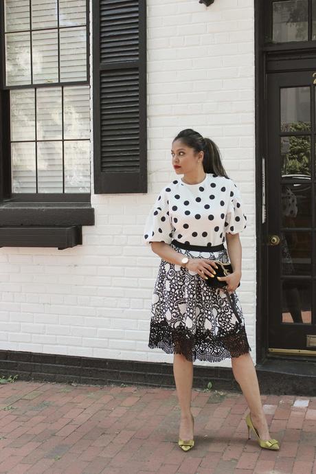 how to wear polka dots and lace, black and white, classic, summer, fashion, ootd, ann taylor lace skirt, street style, blogger, saumya, zara polka dots, myriad musings 