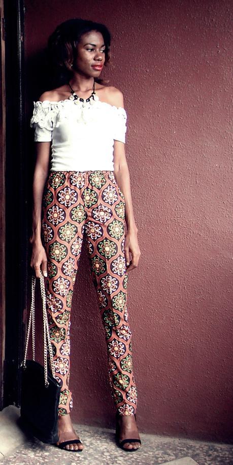 OFF DUTY STYLE // OFF SHOULDER WHITE TOP ON AFRICAN ANKARA PANTS