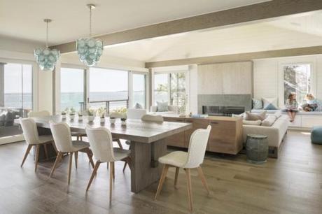 Beach House Dining Room With Oak Table And Turquoise Chandelier