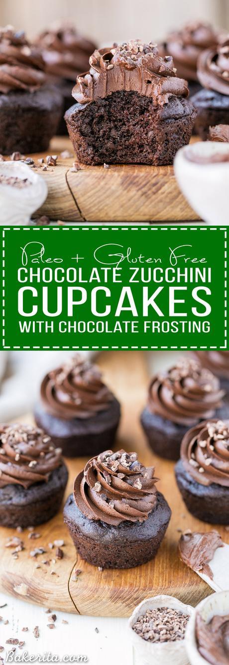 These Paleo Chocolate Zucchini Cupcakes are topped with a rich and fudgy Paleo Chocolate Frosting! You'd never guess there are veggies packed into these super moist and chocolatey cupcakes.