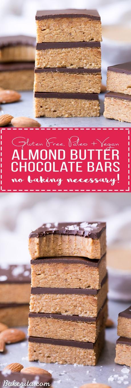 These No Bake Chocolate Almond Butter Bars are easy to make with just five ingredients and no baking necessary! You've got to sink your teeth into these rich gluten free, paleo and vegan bars.