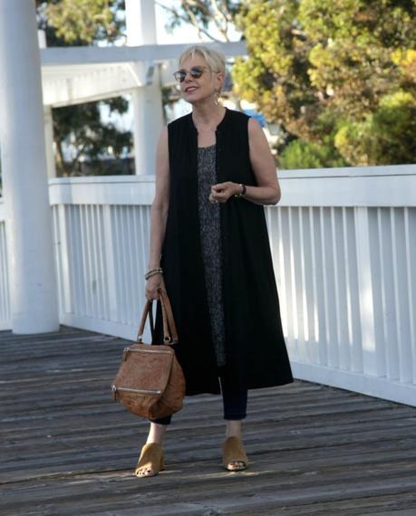 style blogger Susan B. wears a long Eileen Fisher dress layered over a silk dress. Details at une femme d'un certain age.