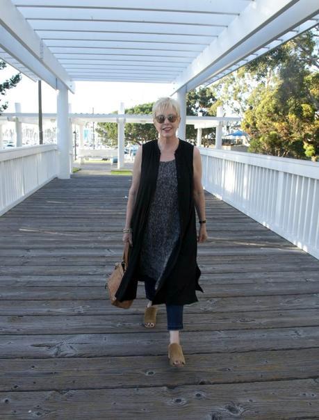 Eileen Fisher dress worn as a long vest by style blogger Susan B. in this dress over pants outfit