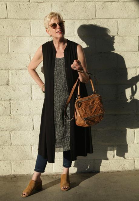 Two layered Eileen Fisher dresses worn by style blogger Susan B with a Givenchy bag. Details at une femme d'un certain age.
