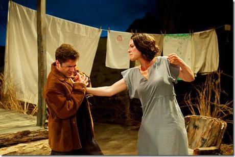 from right, Josie Hogan (Carolyn Klein) shows younger brother Mike (Andrew Nowack) who’s the boss in Seanachaí Theatre Company’s production of A MOON FOR THE MISBEGOTTEN by Eugene O’Neill, directed by Kevin Theis at The Irish American Heritage Center. 